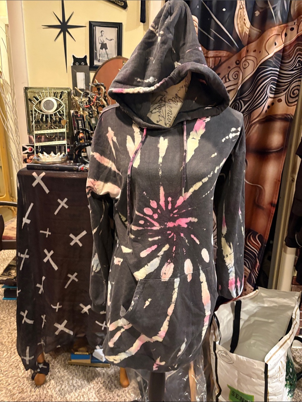Tie-Dye Hooded Pullover Sweatshirt in Black with Pink & Cream Burst